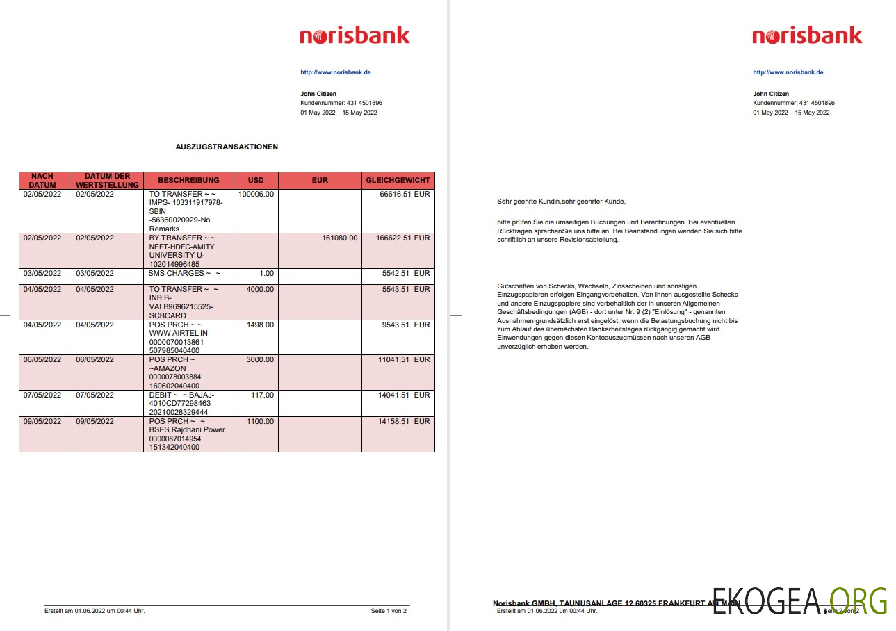 Allemagne Déclaration de Norisbank sur Deutsch, 2 pages